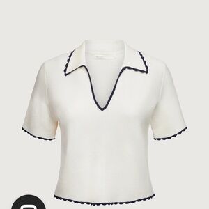 OAK + FORT Ivory Sweater with Navy Scalloped Trim